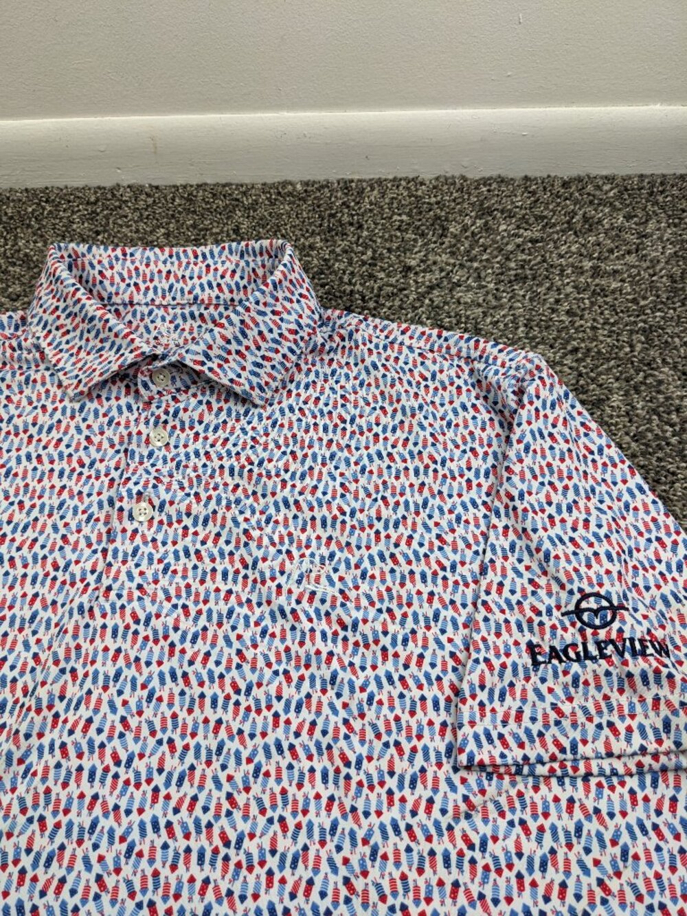 2025 Rhoback Polo Shirt All Over Fireworks USA Flag Performance *Logo Mens Large